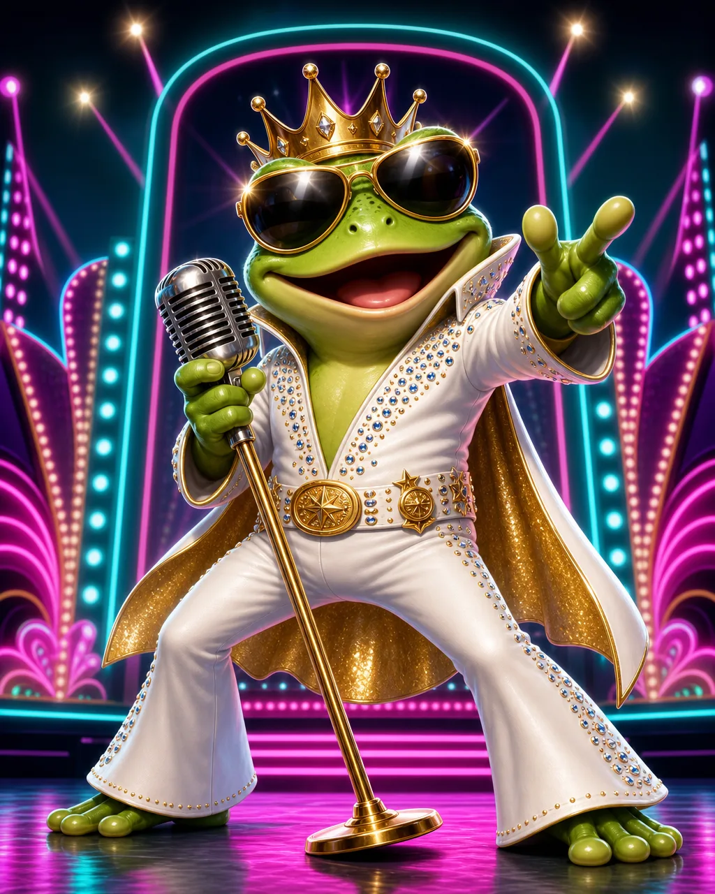 Portada del slot Elvis Frog in Vegas: una rana con corona y traje blanco cantando en un escenario