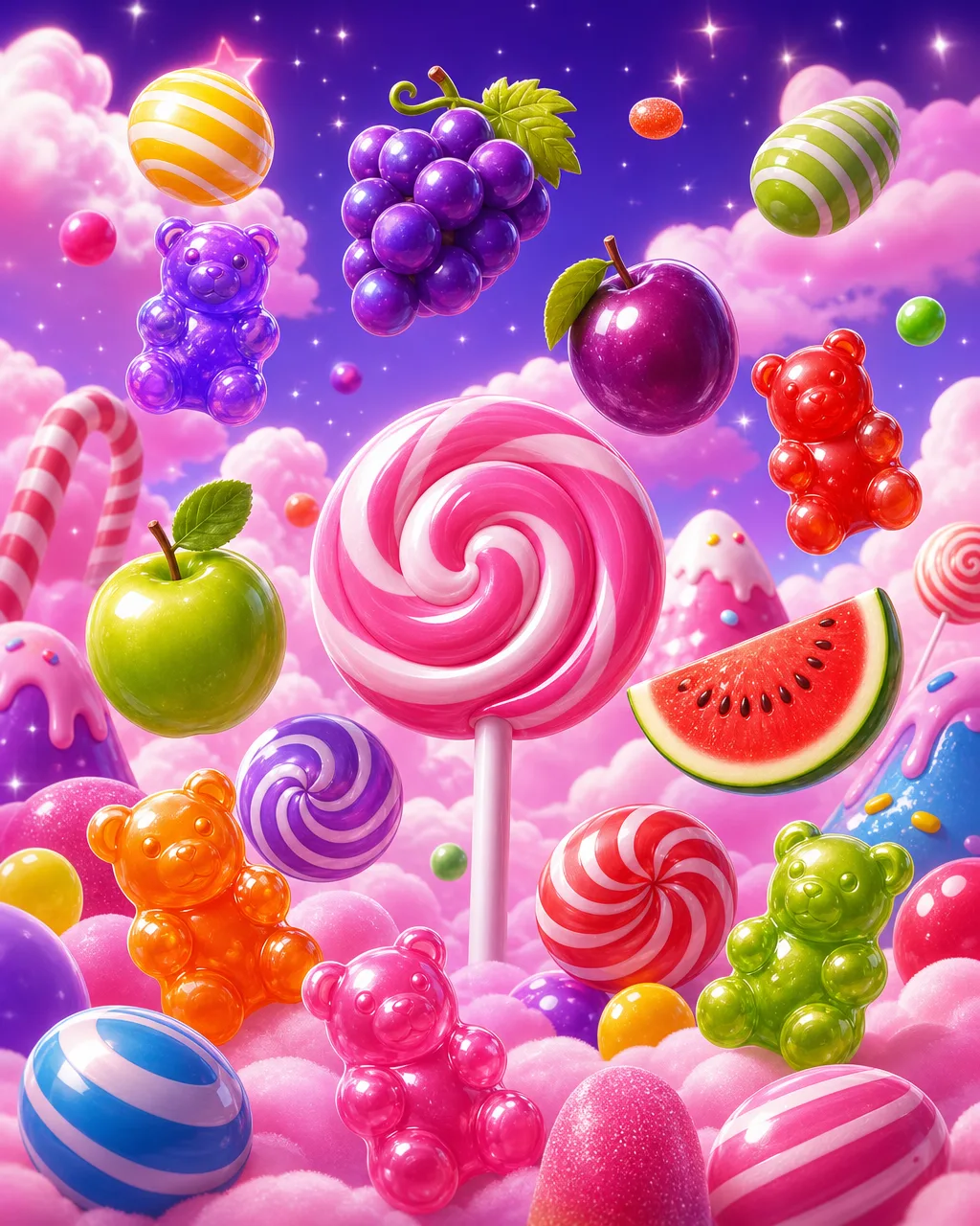 Portada del slot Sweet Bonanza: frutas, caramelos y ositos de goma de colores