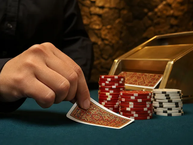 Mano de crupier volteando una carta de baccarat junto al sabot dorado y fichas verdes