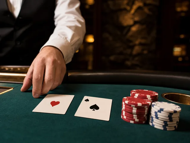Crupier de blackjack junto a dos cartas y pilas de fichas sobre el paño verde
