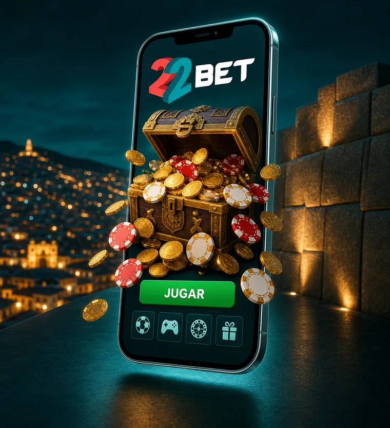 Celular con la app de 22Bet: cofre lleno de monedas y fichas, accesos a deportes y juegos, y un botón verde para jugar