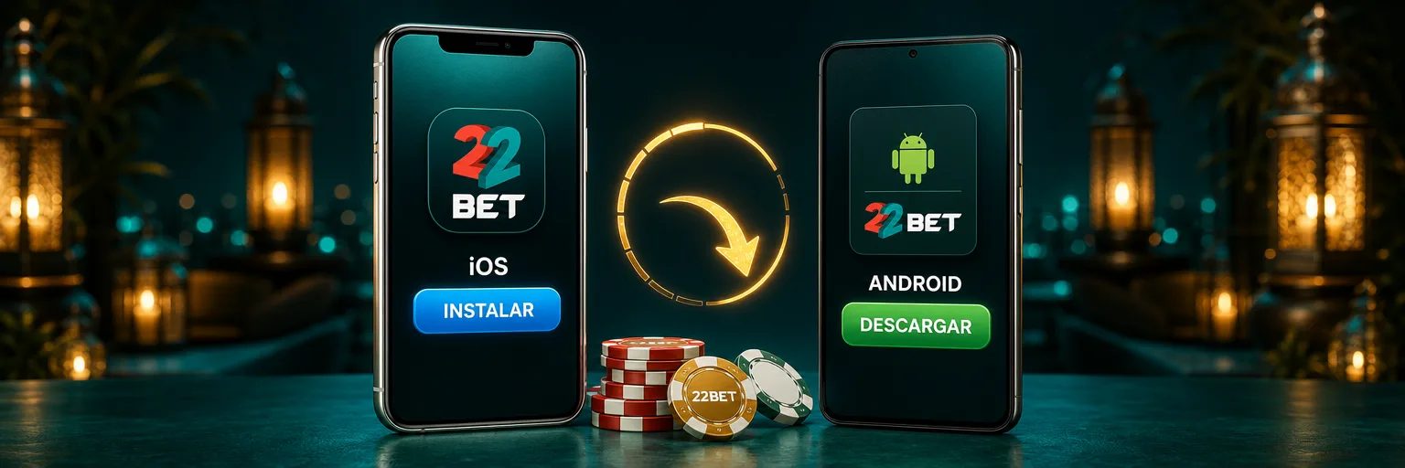 Dos celulares con la app de 22Bet: un iPhone con el botón INSTALAR para iOS y un Android con el botón DESCARGAR