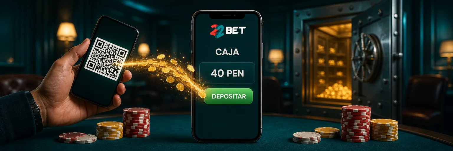 Caja de 22Bet en un celular con un monto de 40 PEN y el botón DEPOSITAR, junto a otro teléfono que muestra un código QR