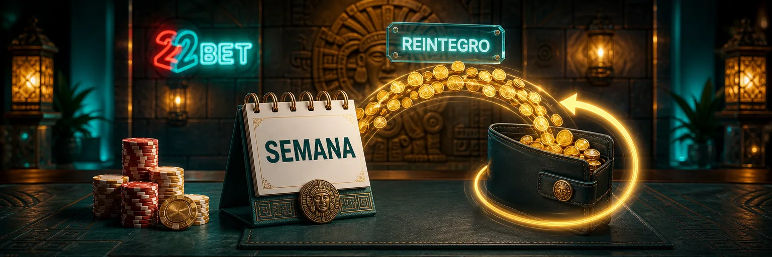 Reintegro semanal de 22Bet: calendario con la palabra SEMANA, fichas y monedas que vuelven a una billetera y plaqueta REINTEGRO