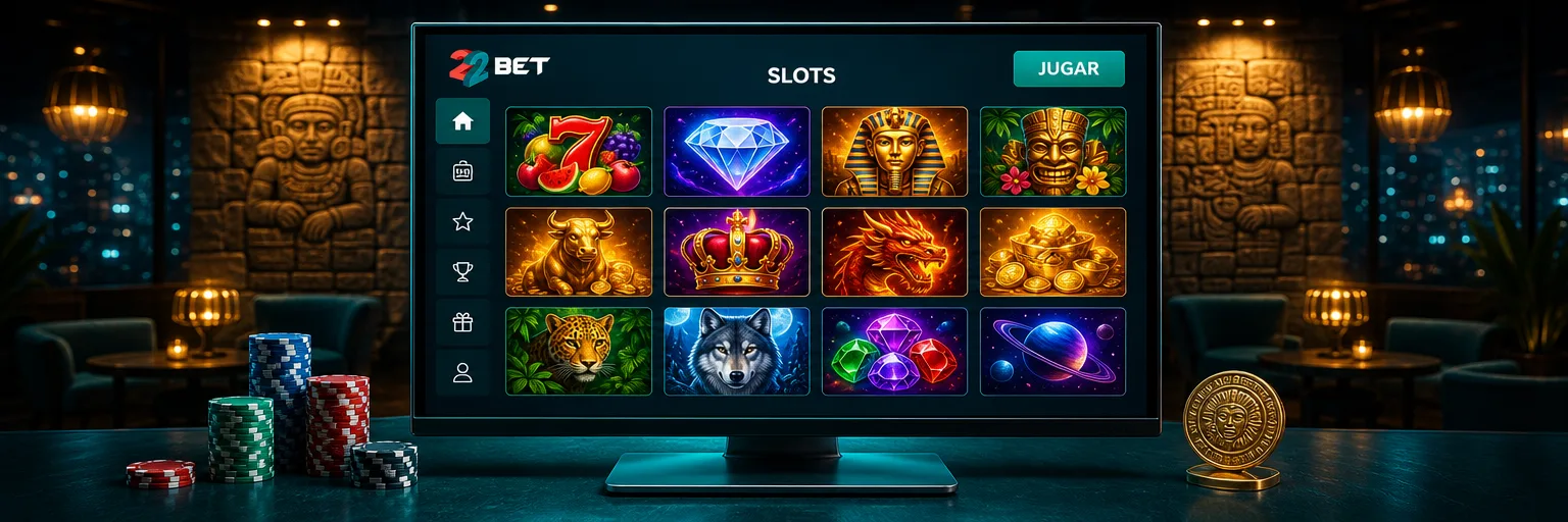 Lobby de slots de 22Bet en un monitor: cuadrícula de doce juegos, menú lateral y botón JUGAR