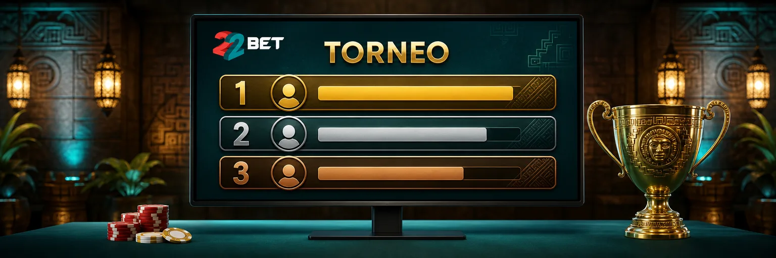 Tabla de posiciones de un torneo de 22Bet con los puestos 1, 2 y 3 y un trofeo dorado a un lado