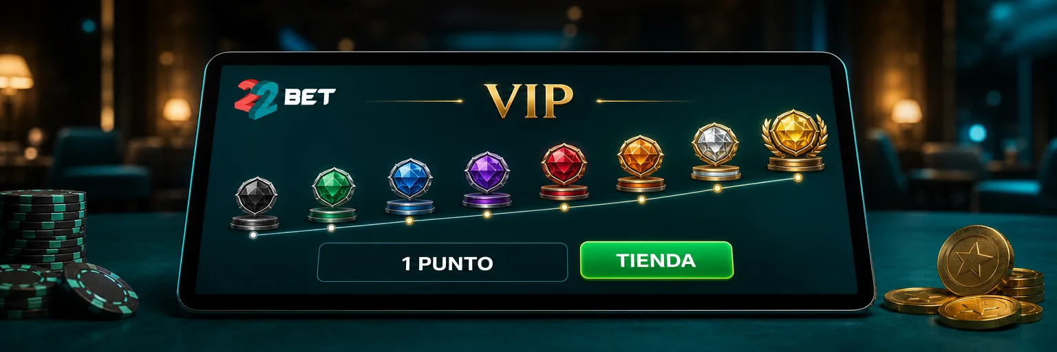 Escala VIP de 22Bet en una tablet: ocho insignias de nivel en línea ascendente, un contador de 1 punto y el botón TIENDA
